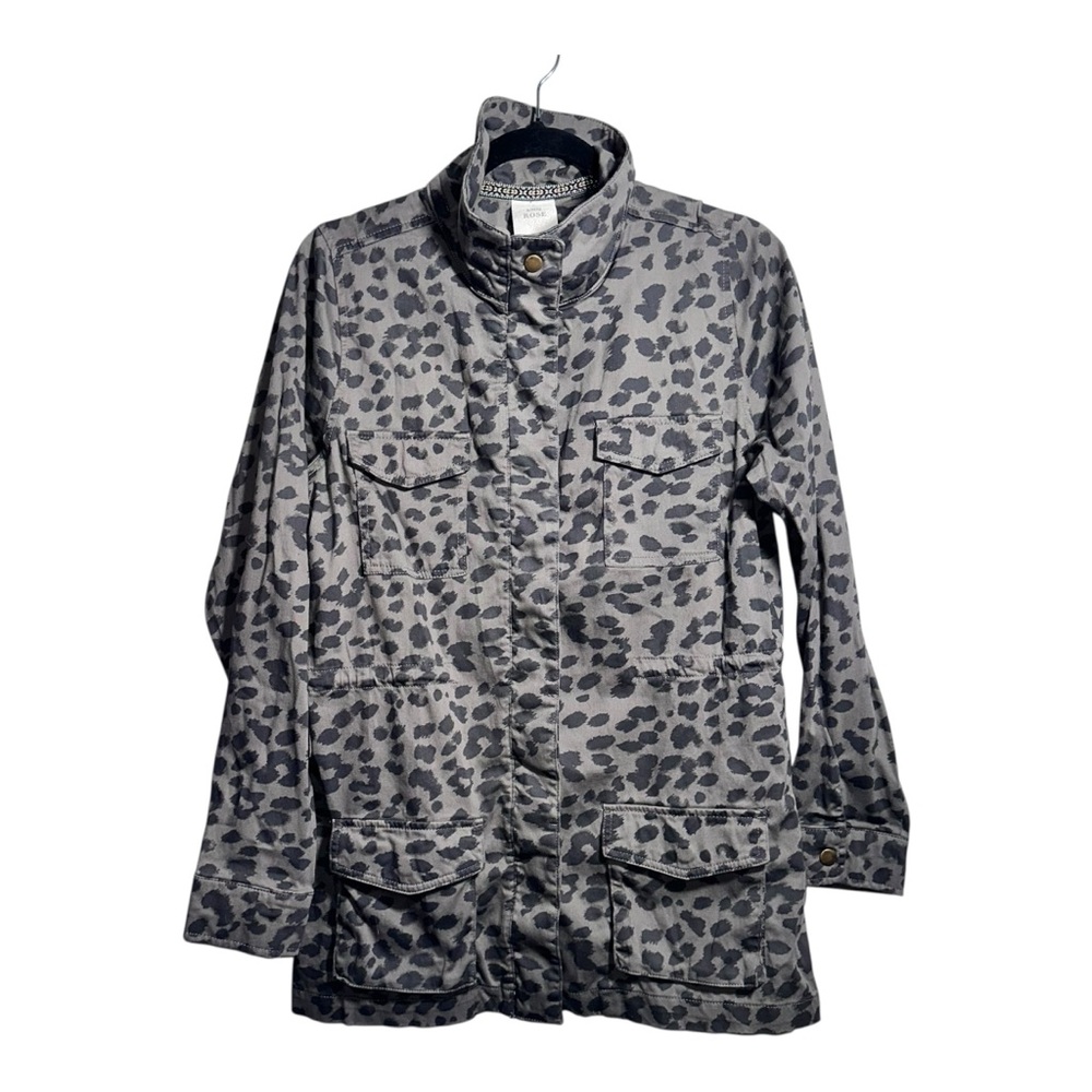 EUC KNOX ROSE Utility Jacket Hidden Buttons Pockets Animal Print Funnel Neck - M